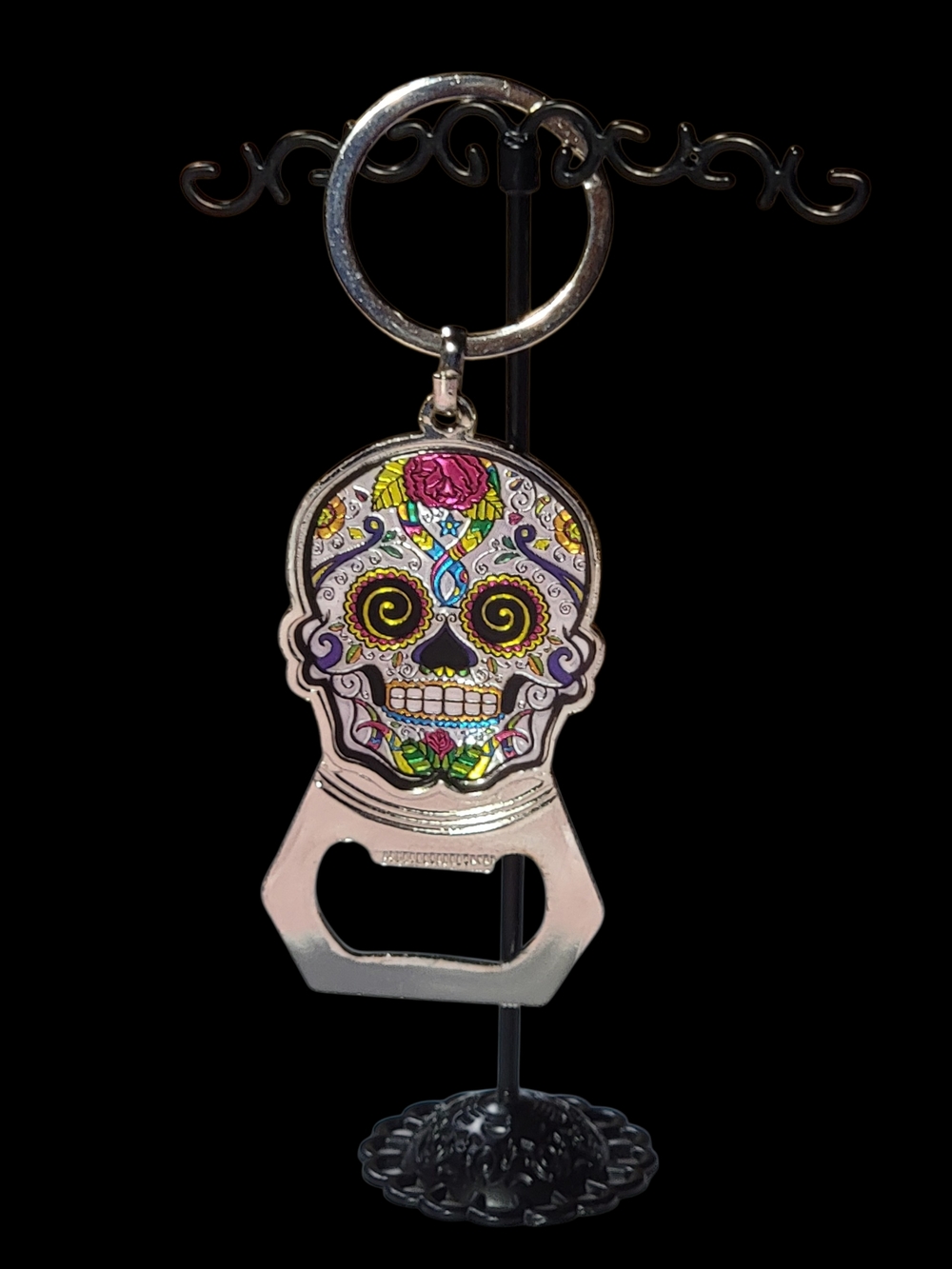 Sugar Skull Bottle Opener Keychain - Colorful Floral Design